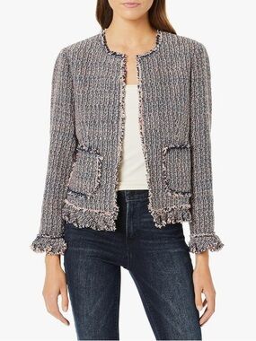 Rebecca Taylor Frayed Fringe Tweed Jacket Pink Navy White Blouse Blazer